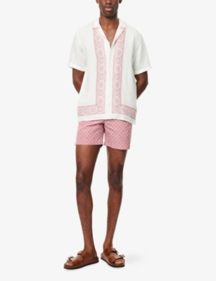 Orlebar Brown Mens Maitan Border-print Linen Shirt Dark Ruby In White