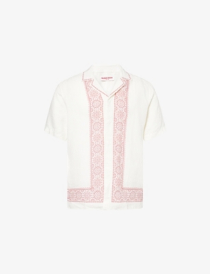 Orlebar Brown Mens Maitan Border-print Linen Shirt Dark Ruby In White