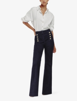 Reiss Womens Dark Blue Athena Button-embellished Flared-leg Stretch-denim Jeans In Blue