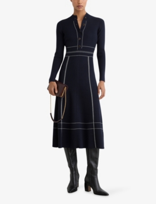 REISS: Charlie Contrast-Stitch Knitted Midi Dress