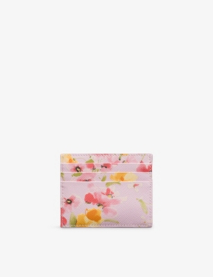 Prada Womens Pink Floral Print Saffiano Leather Card Holder In Pink