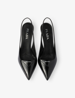 Prada Leather Pumps Glossy Finish Kitten Heel Pointed Toe In Black