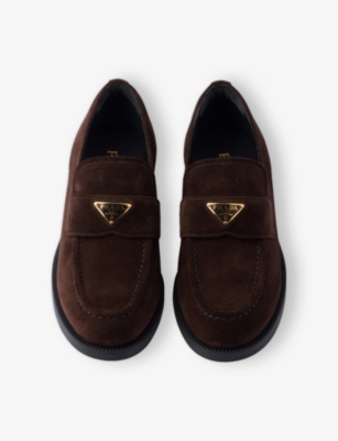 Prada Womens Brown Triangle Logo-plaque Suede Loafers Eur 38/5 Uk In Brown