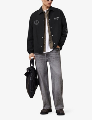 Allsaints Mens Black Orbital Branded-print Cotton-blend Jacket Xl In Black