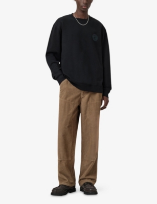 Allsaints Mens Jet Black Waved Crewneck Logo-print Cotton Sweatshirt Xs In Black