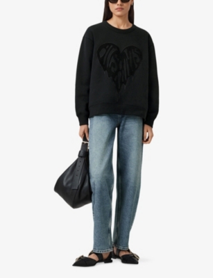 Allsaints Womens Black Trip Piper Crewneck Logo-motif Cotton Sweatshirt Xs In Black