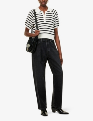 Paige Birch Stripe Short Puff Sleeve Polo Sweater In Multi