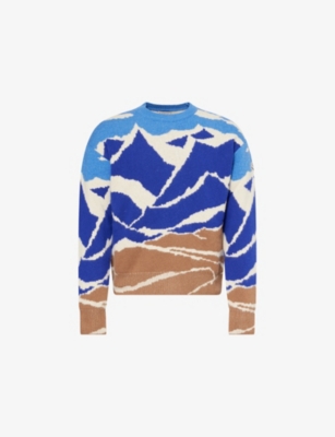 Moncler Mens Blue Graphic Crew Neck Knitted Wool Jumper In Blue