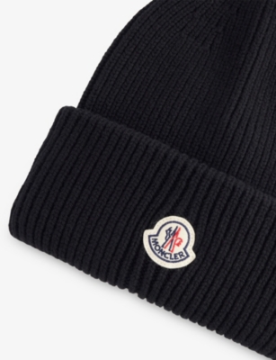 Moncler Mens Black Logo-patch Ribbed Wool-cashmere Beanie Hat In Black