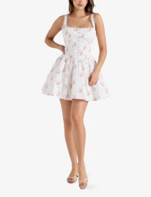 HOUSE OF CB: Sade Floral-Print Lace-Trim Stretch-Cotton Mini Dress