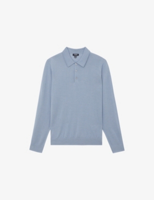 Reiss Mens Steel Blue Trafford Half-button Merino-wool Polo