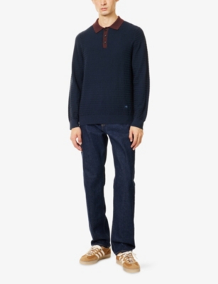 Ps By Paul Smith S By Paul Smith Mens Embroidered-logo Long-sleeve Cotton-wool Blend Polo Sweater Blue In Blue