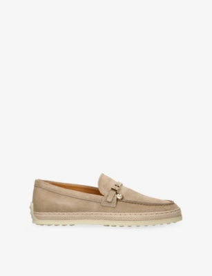 TODS: Gomma Raffia-Trim Suede Loafers
