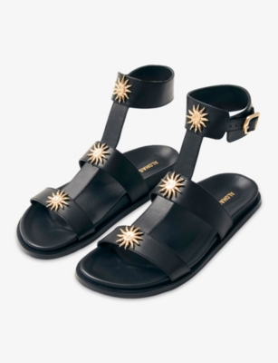 Alohas Womens Black Leather Clarissa Embellished Flat Leather Sandals Eur 37 / 4 Uk In Black