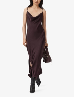 Allsaints Womens Oxblood Red Hadley Cowl-neck Stretch-woven Midi Dress In Brown