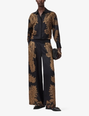 Allsaints Womens Ella Black Leanne Graphic-print Silk-blend Trousers In Brown