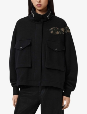 Allsaints Womens Black Ouros Clarie Snake-embellished Cotton Jacket Xs In Black