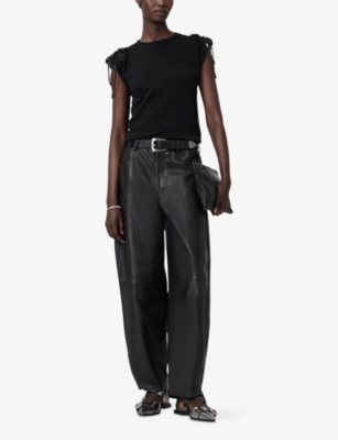 Allsaints Womens Black Shona Embroidered-shoulder Cotton Top In Black