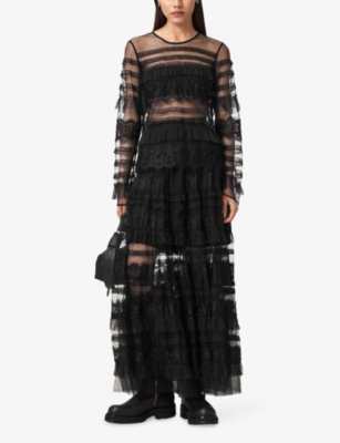 Allsaints Womens Black Arlea Elasticated-waist Lace-trim Woven Maxi Skirt In Black