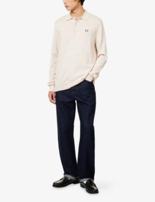 Fred Perry Mens Porridge Marl Embroidered-logo Long-sleeve Knitted Top In Neutral