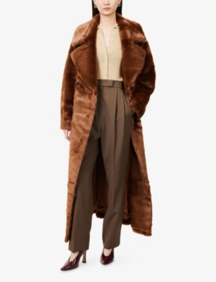 The Frankie Shop Womens Dark Camel Joni Notched-lapel Faux-fur Coat In Brown