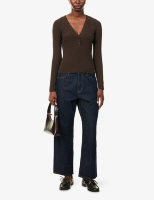 Citizen Of Humanity Varra Ribbed Stretch Cotton And Lyocell-blend Henley Top In Brown
