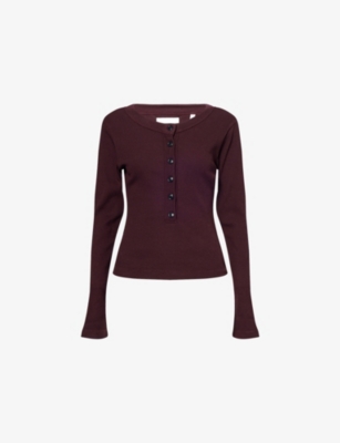 Citizen Of Humanity Varra Ribbed Stretch Cotton And Lyocell-blend Henley Top In Brown
