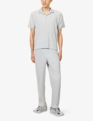 Issey Miyake Ns Lt.gray Basics Pleated Knitted Polo Top In White