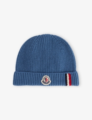 Moncler Medium Blue Kids' Tricolour-trimmed Wool Beanie Hat Xxs In Blue