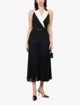 Rebecca Vallance Womens Black And White Emma Pleated Stretch-woven Midi Dress In Black