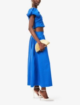 Sister Jane Womens Blue Flared High-waist Stretch-woven Midi Skirt Xs In Blue