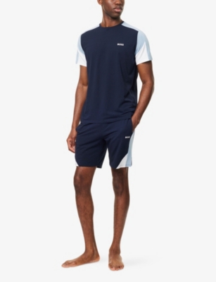 Hugo Boss Mens Dark Blue Balance Colour-block Cotton-jersey Blend Pyjama Top In Blue