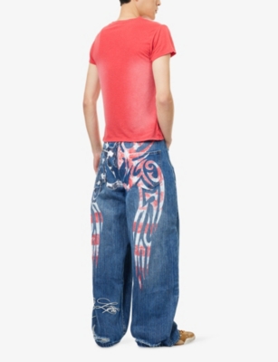 Jaded London Mens Tattoo-print Distressed Denim Jeans Blue In Blue