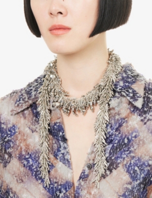 Dries Van Noten Womens Silver Embellished Brass And Acrylic Scarf Necklace In Gray
