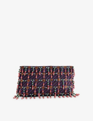 Dries Van Noten Womens Purple Bead-embellished Wool-blend Clutch Bag