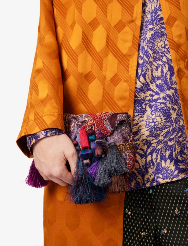 Tasseled Appliquéd Woven Clutch Bag