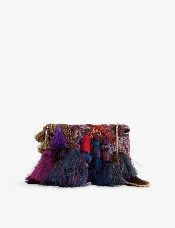 Tasseled Appliquéd Woven Clutch Bag