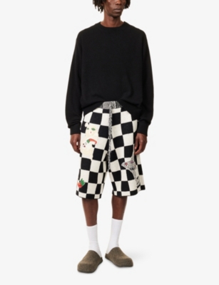 The Elder Statesman Mens Black/natural Check Nora Lite Creature Checked Knitted Shorts In Multi