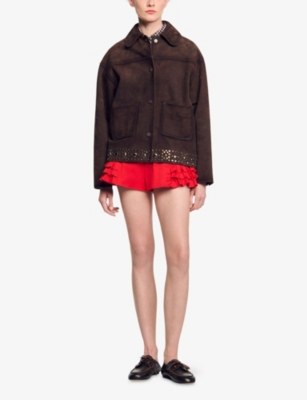 Sandro Womens Brown Studded-hem Side-pocket Suede Jacket In Brown