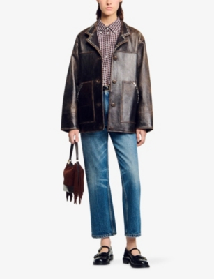Sandro Womens Brown Oversized Stud-embellished Leather Jacket In Brown