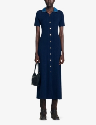Sandro Womens Navy Blue Denim-collar Slim-fit Knitted Maxi Dress In Black