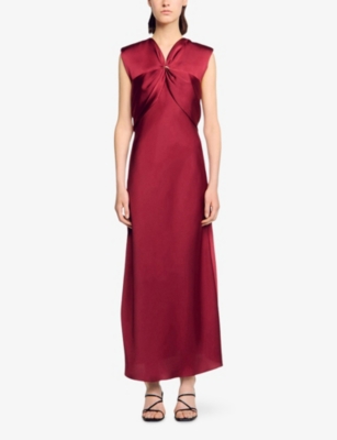 Sandro Womens Bordeaux V-neck Sleeveless Satin Maxi Dress In Red