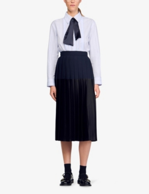 SANDRO: Pleated High-Rise Woven Midi Skirt