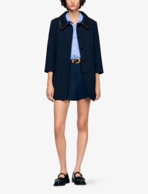Sandro Womens Navy Blue Side-pocket Leather-trim Woven Coat In Blue