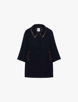 Sandro Womens Navy Blue Side-pocket Leather-trim Woven Coat In Blue