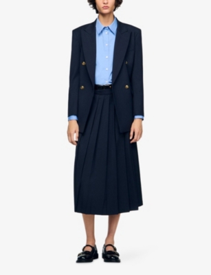 Sandro Womens Navy Blue Pleated High-rise Stretch Wool-blend Midi Skirt In Blue