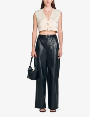 Sandro Womens Ecru Tie-front Sleeveless Cropped Satin Top In Neutral