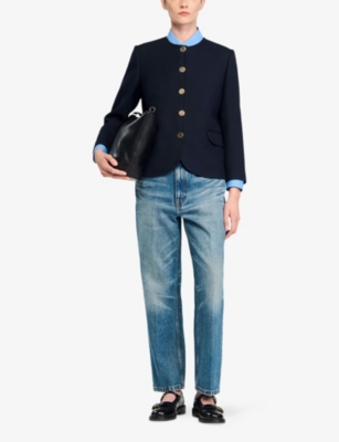 Sandro Womens Navy Blue Round-neck Side-pocket Woven Jacket In Blue