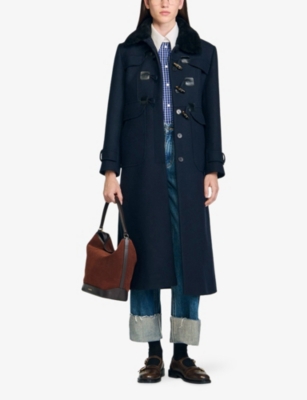 Sandro Womens Navy Blue Velvet-collar Regular-fit Wool-blend Coat In Blue