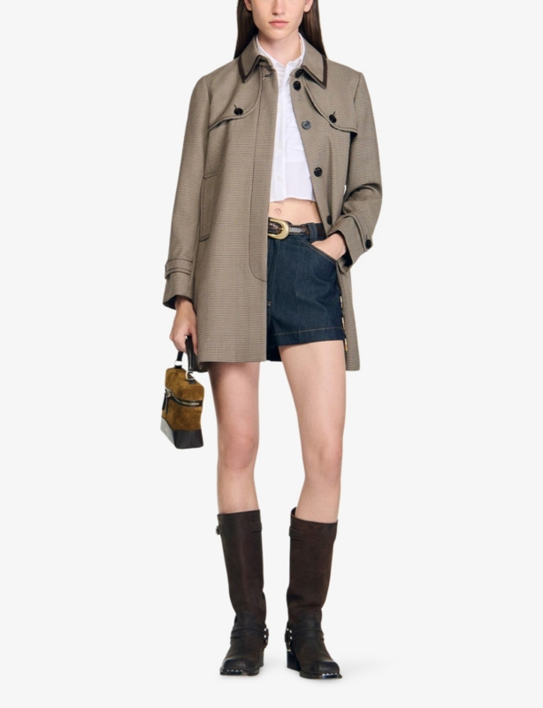 Houndstooth Contrast-Collar Stretch-Woven Trench